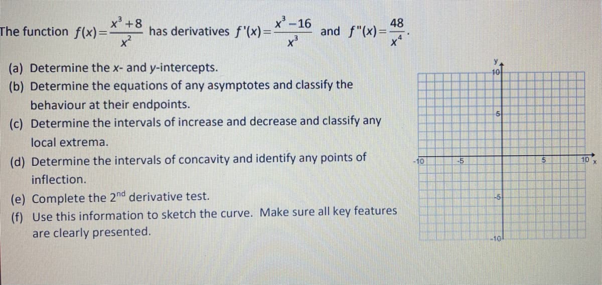 x' +8
The function f(x)=-
x'-16
has derivatives f'(x)%3=
48
and f"(x)=
(a) Determine the x- and y-intercepts.
10
(b) Determine the equations of any asymptotes and classify the
behaviour at their endpoints.
5
(c) Determine the intervals of increase and decrease and classify any
local extrema.
(d) Determine the intervals of concavity and identify any points of
-to
-5
10
inflection.
(e) Complete the 2nd derivative test.
(f) Use this information to sketch the curve. Make sure all key features
-5
are clearly presented.
-10
