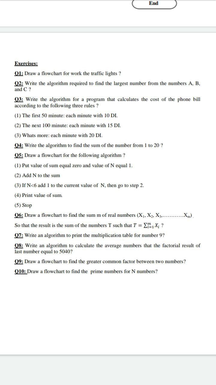 End
Exercises:
01: Draw a flowchart for work the traffic lights ?
Q2: Write the algorithm required to find the largest number from the numbers A, B,
and C ?
Q3: Write the algorithm for a program that calculates the cost of the phone bill
according to the following three rules ?
(1) The first 50 minute: each minute with 10 DI.
(2) The next 100 minute: each minute with 15 DI.
(3) Whats more: each minute with 20 DI.
04: Write the algorithm to find the sum of the number from 1 to 20 ?
Q5: Draw a flowchart for the following algorithm ?
(1) Put value of sum equal zero and value of N equal 1.
(2) Add N to the sum
(3) If N<6 add 1 to the current value of N, then go to step 2.
(4) Print value of sum.
(5) Stop
06: Draw a flowchart to find the sum m of real numbers (X, X2, X3,..
.Xm).
So that the result is the sum of the numbers T such that T E, X, ?
Q7: Write an algorithm to print the multiplication table for number 9?
Q8: Write an algorithm to calculate the average numbers that the factorial result of
last number equal to 5040?
09: Draw a flowchart to find the greater common factor between two numbers?
Q10: Draw a flowchart to find the prime numbers for N numbers?
