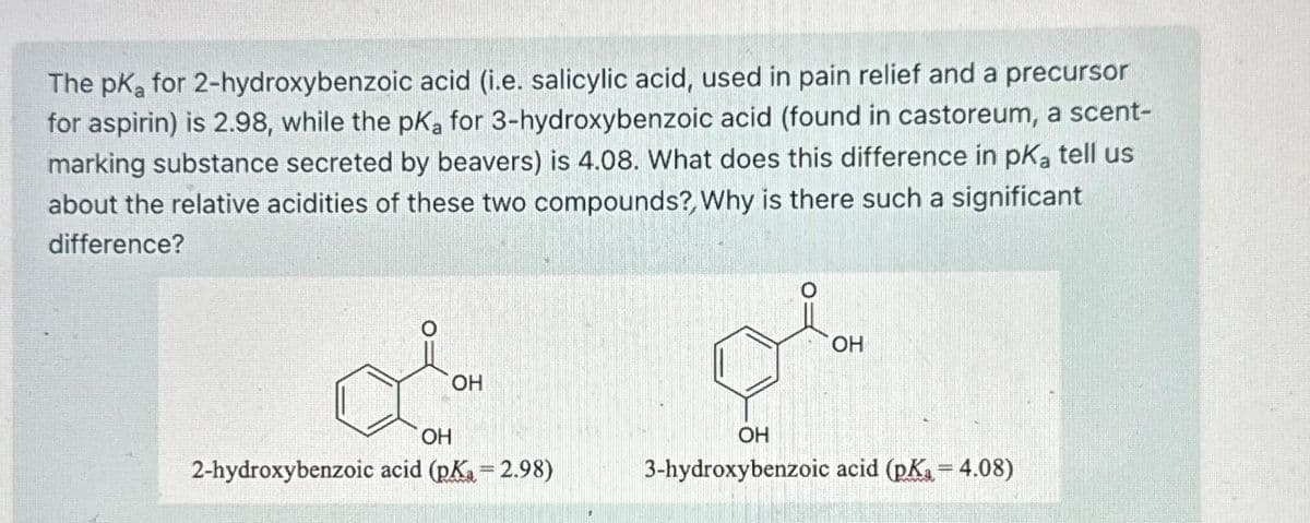 The pka for 2-hydroxybenzoic acid (i.e. salicylic acid, used in pain relief and a precursor
for aspirin) is 2.98, while the pKa for 3-hydroxybenzoic acid (found in castoreum, a scent-
marking substance secreted by beavers) is 4.08. What does this difference in pK₂ tell us
about the relative acidities of these two compounds?, Why is there such a significant
difference?
OH
OH
2-hydroxybenzoic acid (pKa = 2.98)
OH
OH
3-hydroxybenzoic acid (pKa 4.08)