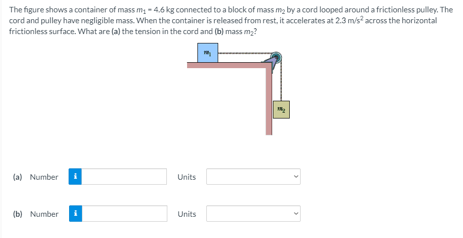 The figure shows a container of mass m1 = 4.6 kg connected to a block of mass m2 by a cord looped around a frictionless pulley. The
cord and pulley have negligible mass. When the container is released from rest, it accelerates at 2.3 m/s² across the horizontal
frictionless surface. What are (a) the tension in the cord and (b) mass m2?
(a) Number
i
Units
(b) Number
i
Units
