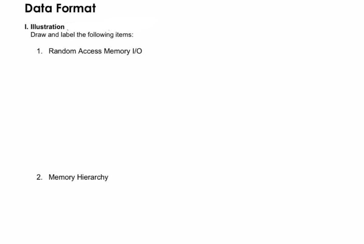 Data Format
I. Illustration
Draw and label the following items:
1. Random Access Memory I/O
2. Memory Hierarchy
