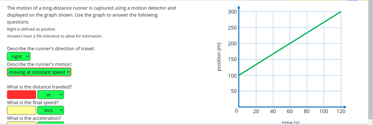 The motion of a long-distance runner is captured using a motion detector and
displayed on the graph shown. Use the graph to answer the following
questions.
Right is defined as positive.
Answers have a 5% tolerance to allow for estimation.
Describe the runner's direction of travel:
right
Describe the runner's motion:
moving at constant speed
What is the distance traveled?
m
What is the final speed?
m/s
What is the acceleration?
position (m)
300
250
200
150
100
50
O
20 40
60
time (s)
80
100
120