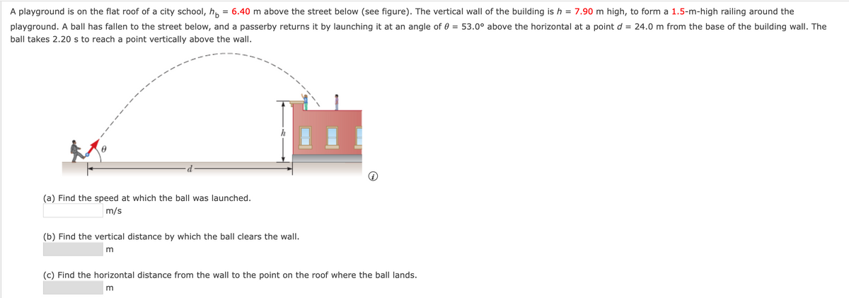 A playground is on the flat roof of a city school, h,
= 6.40 m above the street below (see figure). The vertical wall of the building is h = 7.90 m high, to form a 1.5-m-high railing around the
playground. A ball has fallen to the street below, and a passerby returns it by launching it at an angle of 0
= 53.0° above the horizontal at a point d
= 24.0 m from the base of the building wall. The
ball takes 2.20 s to reach a point vertically above the wall.
(a) Find the speed at which the ball was launched.
m/s
(b) Find the vertical distance by which the ball clears the wall.
m
(c) Find the horizontal distance from the wall to the point on the roof where the ball lands.
m
