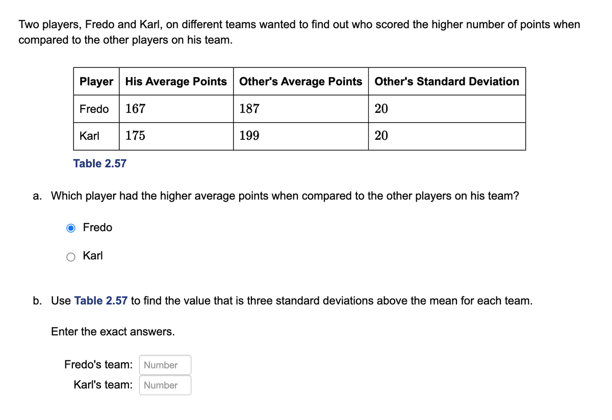 Two players, Fredo and Karl, on different teams wanted to find out who scored the higher number of points when
compared to the other players on his team.
Player His Average Points Other's Average Points Other's Standard Deviation
Fredo
167
187
20
Karl
175
199
20
Table 2.57
a. Which player had the higher average points when compared to the other players on his team?
Fredo
Karl
b. Use Table 2.57 to find the value that is three standard deviations above the mean for each team.
Enter the exact answers.
Fredo's team: Number
Karl's team: Number
