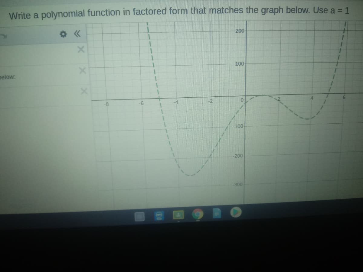 Write a polynomial function in factored form that matches the graph below. Use a = 1
200
100
pelow:
-8
-6
-2
-100
-200
300
