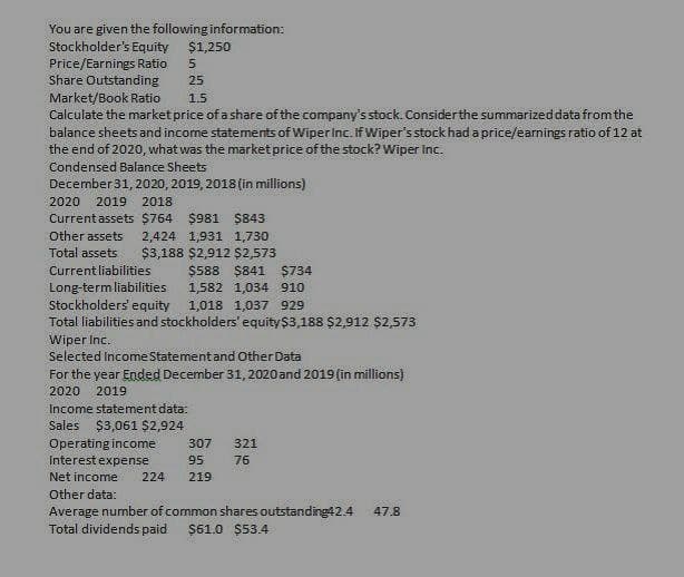 You are given the following information:
Stockholder's Equity
Price/Earnings Ratio
$1,250
5
25
1.5
Share Outstanding
Market/Book Ratio
Calculate the market price of a share of the company's stock. Consider the summarized data from the
balance sheets and income statements of Wiper Inc. If Wiper's stock had a price/earnings ratio of 12 at
the end of 2020, what was the market price of the stock? Wiper Inc.
Condensed Balance Sheets
December 31, 2020, 2019, 2018 (in millions)
2020 2019 2018
Current assets $764 $981 $843
Other assets 2,424 1,931 1,730
Total assets
$3,188 $2,912 $2,573
Current liabilities
Long-term liabilities
Stockholders' equity
$588 $841 $734
1,582 1,034 910
1,018 1,037 929
Total liabilities and stockholders' equity$3,188 $2,912 $2,573
Wiper Inc.
Selected Income Statement and Other Data
For the year Ended December 31, 2020 and 2019 (in millions)
2020 2019
Income statement data:
Sales $3,061 $2,924
Operating income
307
321
Interest expense
95
76
Net income
224
219
Other data:
Average number of common shares outstanding42.4 47.8
Total dividends paid $61.0 $53.4