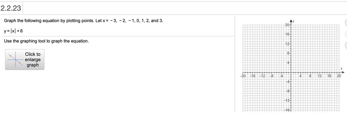 ### Graphing Absolute Value Functions

#### Section 2.2.23

**Objective:**
Graph the following equation by plotting points.

**Equation:**
\[ y = |x| + 6 \]

**Steps:**
1. **Choose the Values of \( x \)**:
    - Let \( x \) = -3, -2, -1, 0, 1, 2, and 3.

2. **Calculate \( y \) for Each Value of \( x \)**:
   - When \( x = -3 \): \( y = |-3| + 6 = 3 + 6 = 9 \)
   - When \( x = -2 \): \( y = |-2| + 6 = 2 + 6 = 8 \)
   - When \( x = -1 \): \( y = |-1| + 6 = 1 + 6 = 7 \)
   - When \( x = 0 \): \( y = |0| + 6 = 0 + 6 = 6 \)
   - When \( x = 1 \): \( y = |1| + 6 = 1 + 6 = 7 \)
   - When \( x = 2 \): \( y = |2| + 6 = 2 + 6 = 8 \)
   - When \( x = 3 \): \( y = |3| + 6 = 3 + 6 = 9 \)

3. **Plot the Points on a Graph**:
   - Points to plot: \((-3, 9)\), \((-2, 8)\), \((-1, 7)\), \((0, 6)\), \((1, 7)\), \((2, 8)\), and \((3, 9)\).

**Graph Description**:
- The graph provided is a standard Cartesian coordinate plane with both the x-axis and y-axis ranging from -20 to 20.
- The plotted points for the given values of \( x \) will form a V-shaped graph, which is characteristic of absolute value functions.

**Graphing Tool**:
- Use the provided graphing tool by clicking on the "Click to enlarge graph" button to plot the equation accurately.

By following these steps, you can visualize how the absolute value function \( y = |x| + 