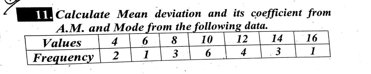 11. Calculate Mean deviation and its coefficient from
A.M. and Mode from the following data.
8
Values
4
10
12
14
16
2
1
3
6
4
3
1
Frequency
