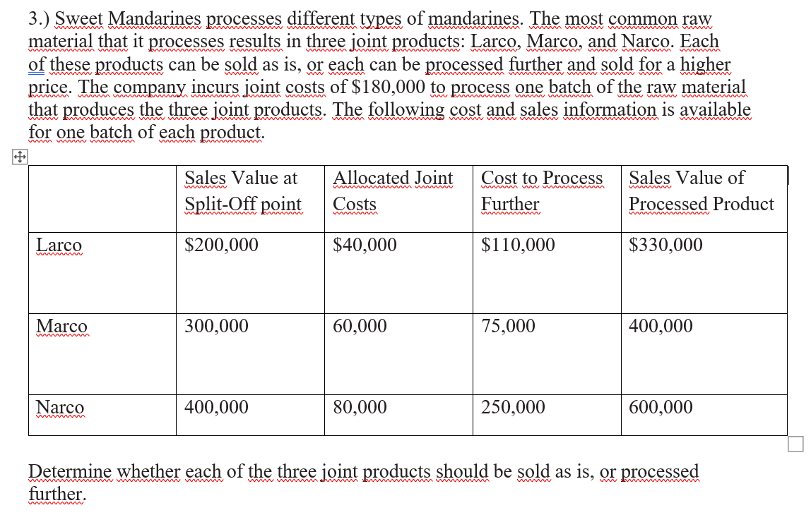 3.) Sweet Mandarines processes different types of mandarines. The most common raw
material that it processes results in three joint products: Larco, Marco, and Narco. Each
of these products can be sold as is, or each can be processed further and sold for a higher
price. The company incurs joint costs of $180,000 to process one batch of the raw material
that produces the three joint products. The following cost and sales information is available
for one batch of each product.
uwm m
w w w w wwm ww
u ww
Sales Value at
Allocated Joint
Cost to Process
Sales Value of
w w ww m
Split-Off point
Costs
Further
Processed Product
Larco
$200,000
$40,000
$110,000
$330,000
Marco
300,00
60,000
75,000
400,0
Narco
400,000
80,000
250,000
600,000
Determine whether each of the three joint products should be sold as is, or processed
further.
ww m m
w
