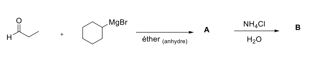 MgBr
NHẠCI
A
В
+
H
éther
(anhydre)
H20
