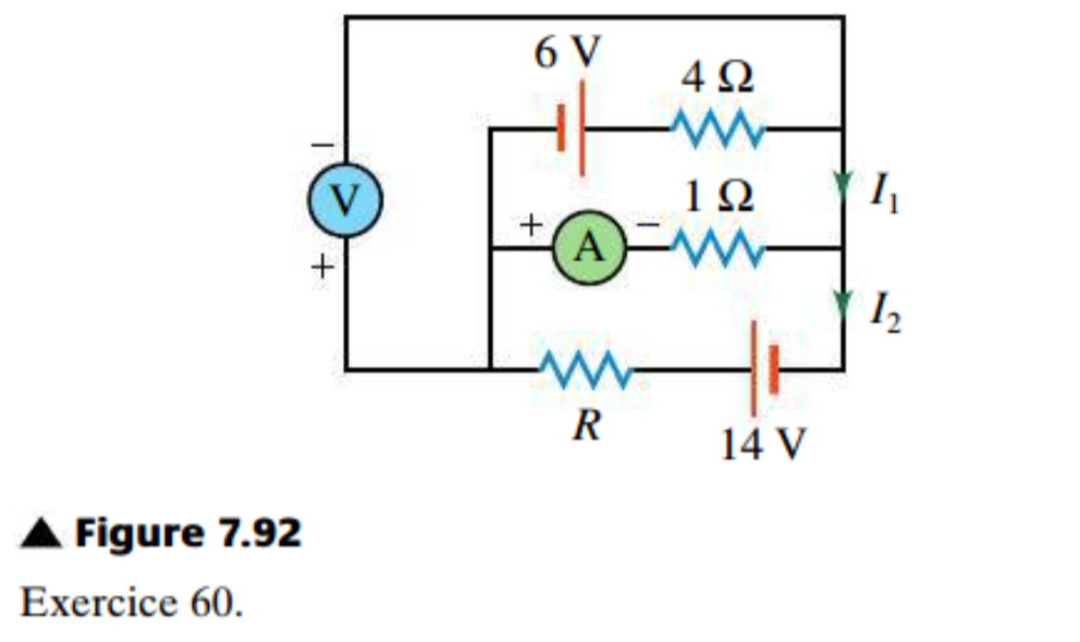 6 V
4Ω
V
1Ω
+
A
R
14 V
Figure 7.92
Exercice 60.
