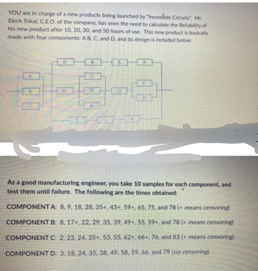 YOU are in charge of a new products being launched by "Incredible Circuits". Mr.
Eleck Trikal, C.E.O. of the company, has seen the need to calculate the Reliability of
his new product after 10, 20, 30, and 50 hours of use. This new product is basically
made with four components: A B, C, and D; and its design is included below:
BAB
As a good manufacturing engineer, you take 10 samples for each component, and
test them until failure. The following are the times obtained:
COMPONENT A: 8, 9, 18, 28, 35+, 43+, 59+, 65, 75, and 78 (+ means censoring)
COMPONENT B: 8, 17+, 22, 29, 35, 39, 49+, 55, 59+, and 78 (+ means censoring)
COMPONENT C: 2, 23, 24, 35+, 53, 55, 62+, 66+, 76, and 83 (+ means censoring)
COMPONENT D: 3, 18, 24, 35, 38, 49, 58, 59, 66, and 79 (no censoring)