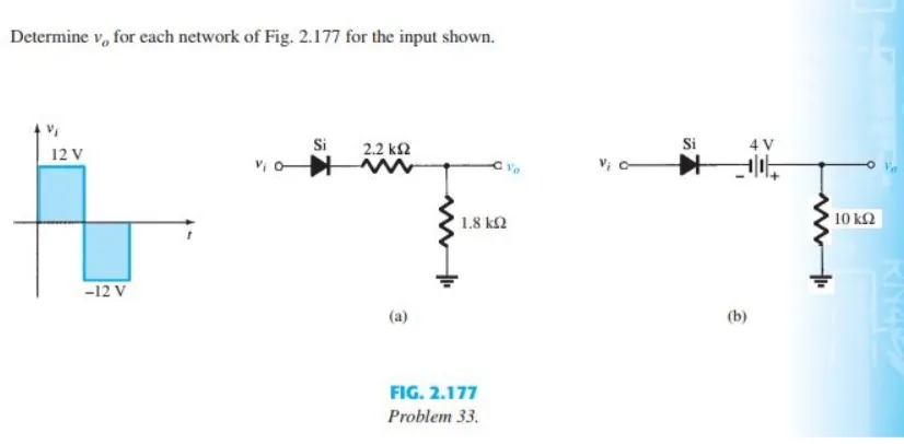 Determine v, for each network of Fig. 2.177 for the input shown.
Si
2.2 k2
Si
4 V
12 V
V; -
1.8 k2
10 k2
-12 V
(a)
(b)
FIG. 2.177
Problem 33.
