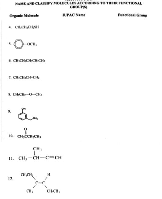 NAME AND CLASSIFY MOLECULES ACCORDING TO THEIR FUNCTIONAL
GROUP(S)
Organic Molecule
IUPAC Name
Functional Group
4. CH:CH;CH;SH
5.
-OCH
6. CH;CH;CH;CH;CH:
7. CH;CH;CH-CH2
8. CH;CH: 0-CH,
10. CH,CCH;CHs
CH:
11. CH;-CH-c=CH
CH;CH;
H
12.
CH:
CH-CH;
