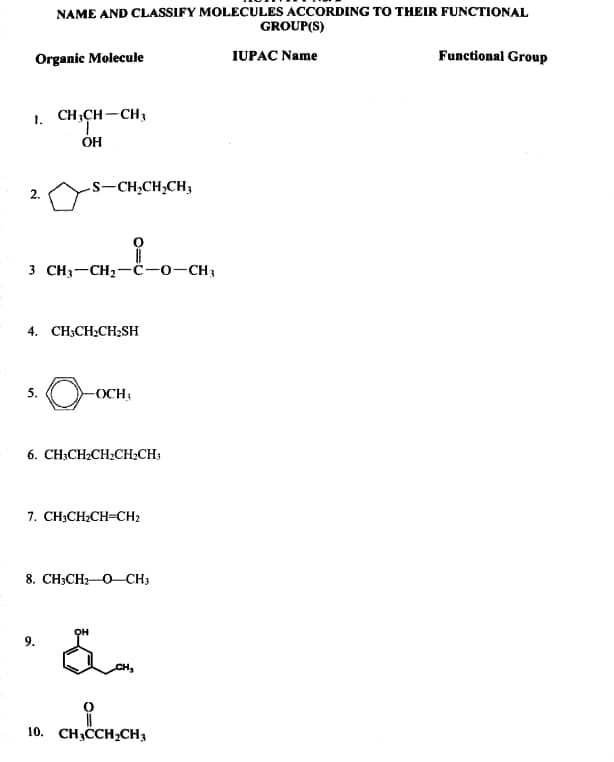 NAME AND CLASSIFY MOLECULES ACCORDING TO THEIR FUNCTIONAL
GROUP(S)
Organic Molecule
IUPAC Name
Functional Group
1.
CH,CH-CH,
-s-CH,CH;CH3
2.
3 CH3-CH2-ċ-o-CH3
4. CH,CH;CH;SH
5.
OCH
6. CH;CH;CH;CH;CH;
7. CH;CH;CH=CH2
8. CH;CH 0-CH3
OH
9.
10. CH3CH;CH3
