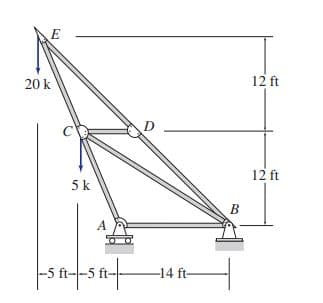 E
20 k
12 ft
12 ft
5 k
В
A
satsat
-5 ft
-14 ft-
