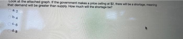 Look at the attached graph. If the government makes a price ceiling at $2, there will be a shortage, meaning
that demand will be greater than supply. How much will the shortage be?
a.2
b.4
0.6
d. 8