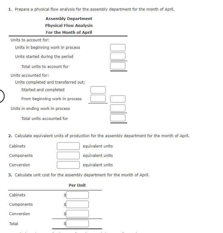 1. Prepare a physical flow analysis for the assembly department for the month of April.
Assembly Department
Physical Flow Analysis
For the Month of April
Units to account for:
Units in beginning work in process
Units started during the period
Total units to account for
Units accounted for:
Units completed and transferred out:
Started and completed
From beginning work in process
Units in ending work in process
Total units accounted for
2. Calculate equivalent units of production for the assembly department for the month of April.
Cabinets
equivalent units
Components
equivalent units
Conversion
equivalent units
3. Calculate unit cost for the assembly department for the month of April.
Per Unit
Cabinets
Components
Conversion
Total
