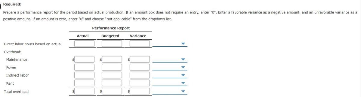 Required:
Prepare a performance report for the period based on actual production. If an amount box does not require an entry, enter "0". Enter a favorable variance as a negative amount, and an unfavorable variance as a
positive amount. If an amount is zero, enter "0" and choose "Not applicable" from the dropdown list.
Performance Report
Actual
Budgeted
Variance
Direct labor hours based on actual
Overhead:
Maintenance
Power
Indirect labor
Rent
Total overhead
