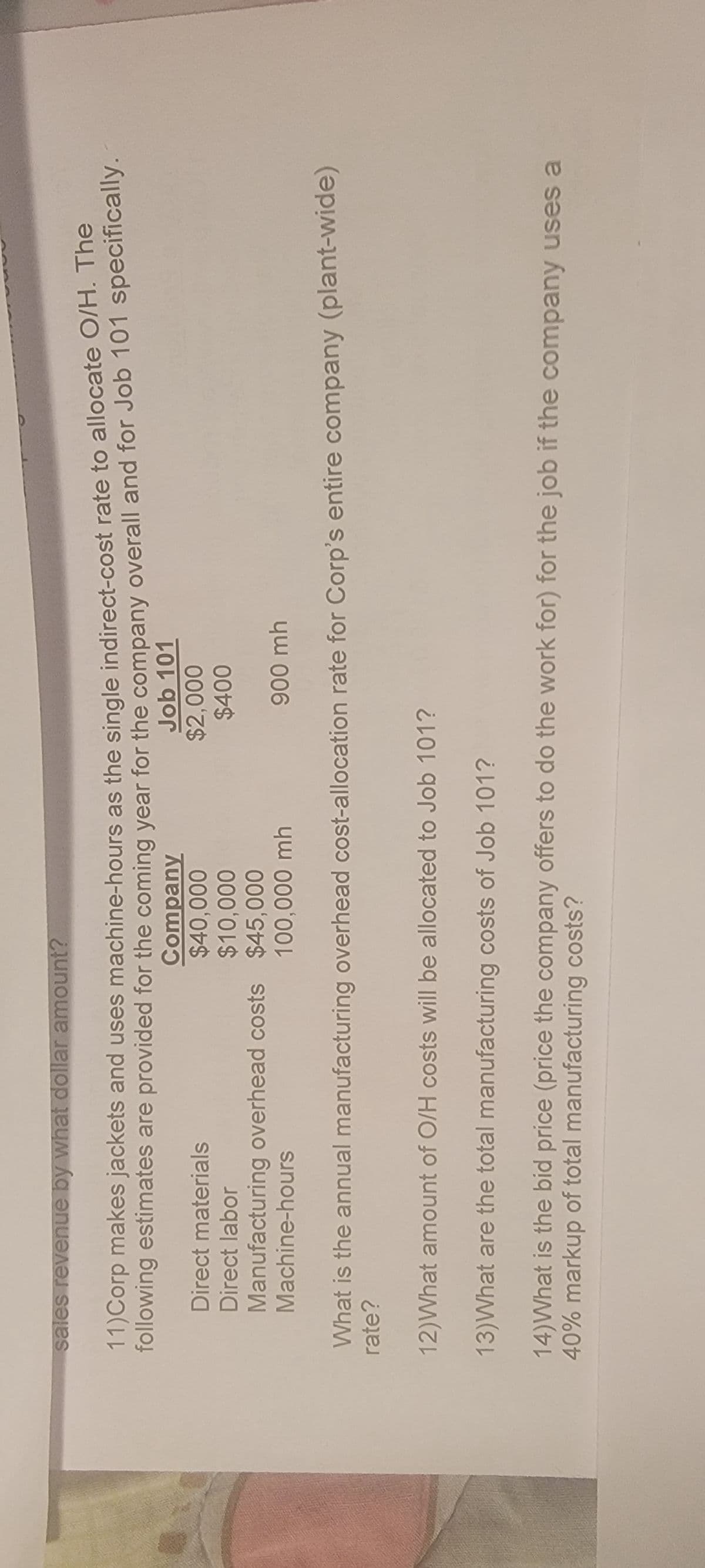 sales revenue by what dollar amount?
11)Corp makes jackets and uses machine-hours as the single indirect-cost rate to allocate O/H. The
following estimates are provided for the coming year for the company overall and for Job 101 specifically.
Job 101
Company
$40,000
$10,000
Manufacturing overhead costs $45,000
Machine-hours
100,000 mh
Direct materials
Direct labor
$2,000
$400
900 mh
What is the annual manufacturing overhead cost-allocation rate for Corp's entire company (plant-wide)
rate?
12)What amount of O/H costs will be allocated to Job 101?
13) What are the total manufacturing costs of Job 101?
14) What is the bid price (price the company offers to do the work for) for the job if the company uses a
40% markup of total manufacturing costs?