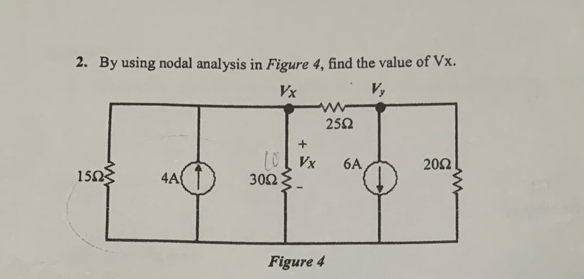 2. By using nodal analysis in Figure 4, find the value of Vx.
Vx
Vy
252
6A
202
150
4A
302E.
Figure 4
