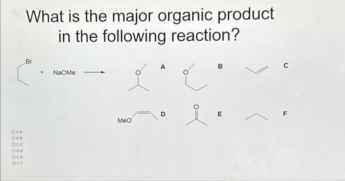 Ο.Α.Α.
OB.B
Oc.c
O D.D
OE.E
OFF
What is the major organic product
in the following reaction?
Br
+ NaOMe
MeO
A
D
B
E
C
F