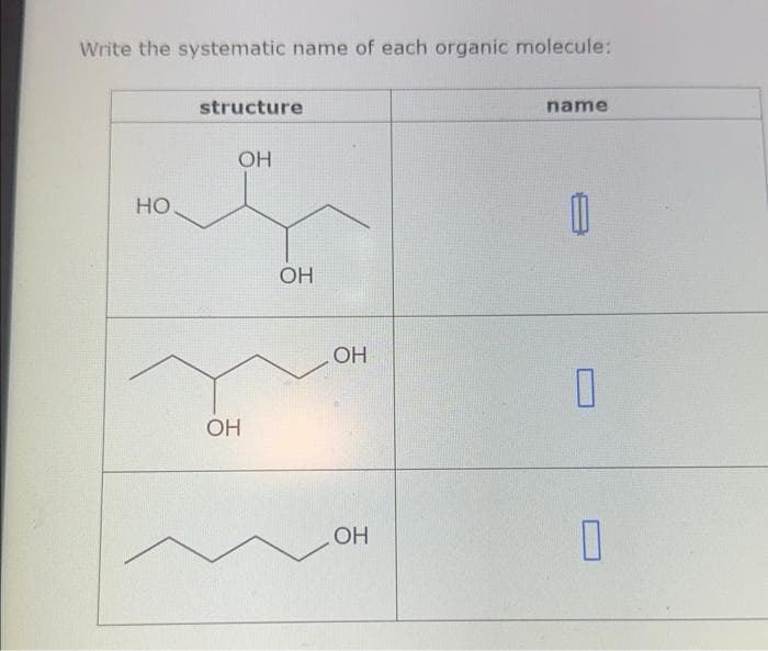 Write the systematic name of each organic molecule:
HO
structure
OH
OH
OH
OH
OH
name
0
D
О