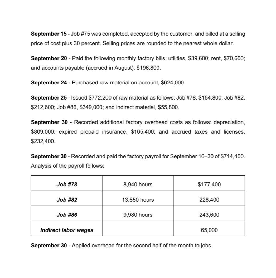 September 15 - Job #75 was completed, accepted by the customer, and billed at a selling
price of cost plus 30 percent. Selling prices are rounded to the nearest whole dollar.
September 20 - Paid the following monthly factory bills: utilities, $39,600; rent, $70,600;
and accounts payable (accrued in August), $196,800.
September 24 - Purchased raw material on account, $624,000.
September 25 - Issued $772,200 of raw material as follows: Job #78, $154,800; Job #82,
$212,600; Job #86, $349,000; and indirect material, $55,800.
September 30 - Recorded additional factory overhead costs as follows: depreciation,
$809,000; expired prepaid insurance, $165,400; and accrued taxes and licenses,
$232,400.
September 30 - Recorded and paid the factory payroll for September 16–30 of $714,400.
Analysis of the payroll follows:
Job #78
8,940 hours
$177,400
Job #82
13,650 hours
228,400
Job #86
9,980 hours
243,600
Indirect labor wages
65,000
September 30 - Applied overhead for the second half of the month to jobs.
