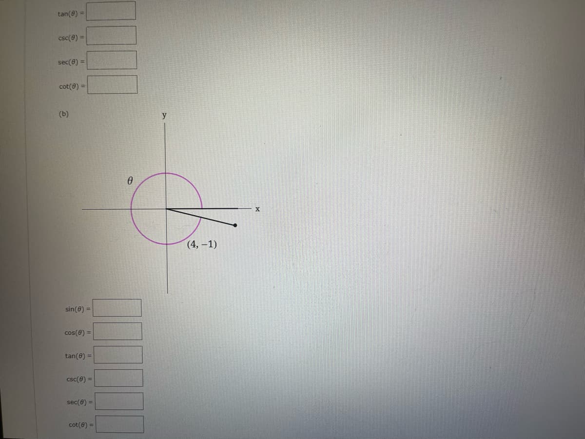 tan(8) =
csc(e) =
sec(8) =
cot(8) =
(b)
(4, -1)
sin(8) =
cos(0) =
tan(8) =
csc(0) =
sec(0) =
cot(0) =
