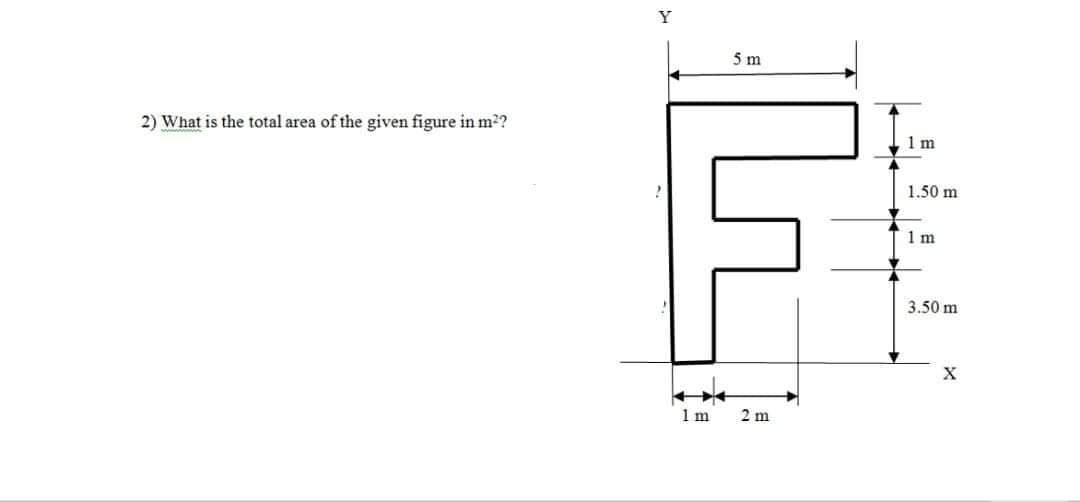 Y
5 m
2) What is the total area of the given figure in m?
1 m
1.50 m
1 m
3.50 m
X
1m
2 m
