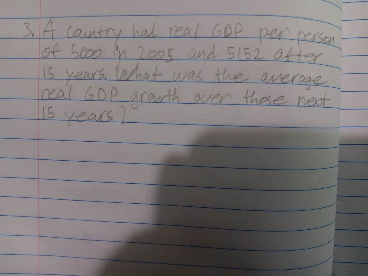 3
• A country had real GDP per person
of 5000 in 2005 and 5152 after
15 years. What was the average
real GDP growth over those next
15 years?