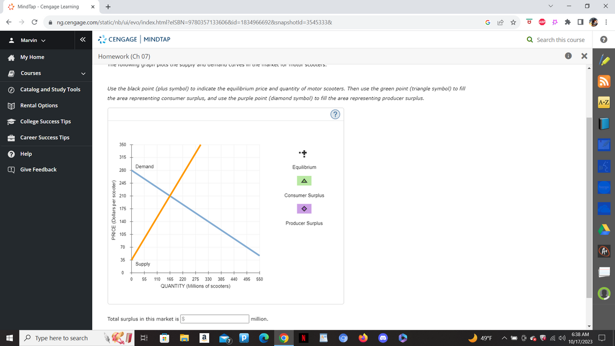 •
LO
>>
de
MindTap - Cengage Learning X +
B
Marvin ✓
My Home
Courses
✰ng.cengage.com/static/nb/ui/evo/index.html?elSBN=9780357133606&id=1834966692&snapshotld=3545333&
? Help
Catalog and Study Tools
Rental Options
College Success Tips
Career Success Tips
«
Give Feedback
Type here to search
CENGAGE MINDTAP
Homework (Ch 07)
me Tonowing graph plots the supply and demand curves in the market for motor scooters.
Use the black point (plus symbol) to indicate the equilibrium price and quantity of motor scooters. Then use the green point (triangle symbol) to fill
the area representing consumer surplus, and use the purple point (diamond symbol) to fill the area representing producer surplus.
PRICE (Dollars per scooter)
350
315
280
245
210
175
140
105
70
35
0
0
Demand
Supply
55
110 165 220 275 330 385 440
QUANTITY (Millions of scooters)
Total surplus in this market is $
발
H
a
495
Р
550
million.
+
Equilibrium
Consumer Surplus
Producer Surplus
?
O
49°F
I
Q Search this course
X
6:38 AM
10/17/2023
X
⠀
?
A-Z
bongo
A+