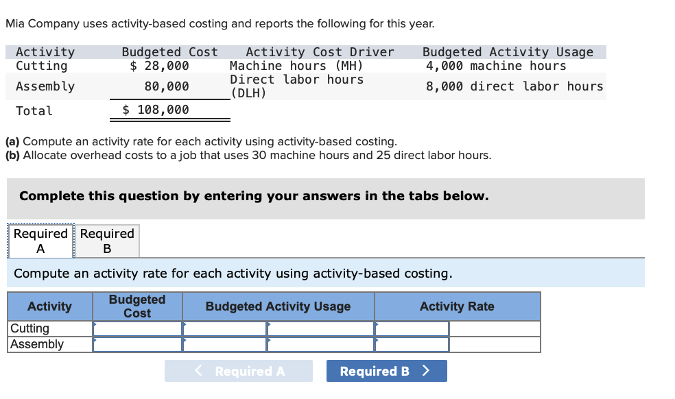 Mia Company uses activity-based costing and reports the following for this year.
Budgeted Cost
$ 28,000
Activity Cost Driver
Machine hours (MH)
Direct labor hours
(DLH)
Activity
Cutting
Budgeted Activity Usage
4,000 machine hours
Assembly
80,000
8,000 direct labor hours
Total
$ 108,000
(a) Compute an activity rate for each activity using activity-based costing.
(b) Allocate overhead costs to a job that uses 30 machine hours and 25 direct labor hours.
Complete this question by entering your answers in the tabs below.
Required Required
А
В
Compute an activity rate for each activity using activity-based costing.
Budgeted
Cost
Activity Rate
Activity
Budgeted Activity Usage
Cutting
Assembly
< Required A
Required B >
