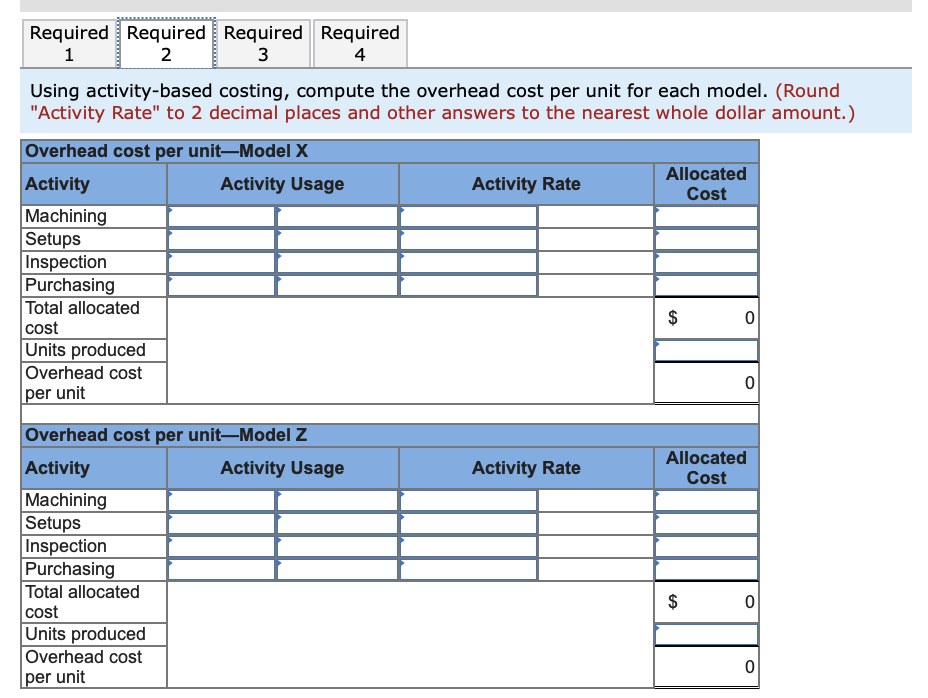 Required Required Required Required
1
3
4
Using activity-based costing, compute the overhead cost per unit for each model. (Round
"Activity Rate" to 2 decimal places and other answers to the nearest whole dollar amount.)
Overhead cost per unit–Model X
Allocated
Activity
Activity Usage
Activity Rate
Cost
Machining
Setups
Inspection
Purchasing
Total allocated
cost
Units produced
Overhead cost
per unit
$
Overhead cost per unit–Model Z
Allocated
Activity
Activity Usage
Activity Rate
Cost
Machining
Setups
Inspection
Purchasing
Total allocated
cost
$
Units produced
Overhead cost
per unit
