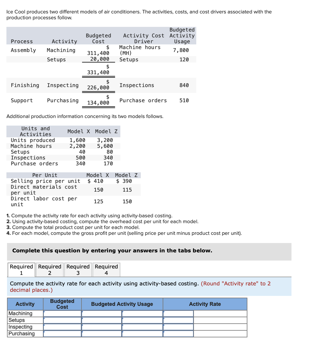 Ice Cool produces two different models of air conditioners. The activities, costs, and cost drivers associated with the
production processes follow.
Budgeted
Budgeted
Cost
Activity Cost Activity
Driver
Process
Activity
Usage
Machine hours
(MH)
Setups
$
Assembly
Machining
7,800
311,400
20,000
Setups
120
331,400
Finishing
Inspecting
Inspections
840
226,000
$
134,000
Support
Purchasing
Purchase orders
510
Additional production information concerning its two models follows.
Units and
Activities
Units produced
Machine hours
Setups
Inspections
Model X Model Z
1,600
2,200
40
3,200
5,600
80
500
340
340
170
Purchase orders
Per Unit
Model X Model Z
Selling price per unit
Direct materials cost
$ 410
$ 390
150
115
per unit
Direct labor cost per
unit
125
150
1. Compute the activity rate for each activity using activity-based costing.
2. Using activity-based costing, compute the overhead cost per unit for each model.
3. Compute the total product cost per unit for each model.
4. For each model, compute the gross profit per unit (selling price per unit minus product cost per unit).
Complete this question by entering your answers in the tabs below.
Required Required Required Required
1
2
4
Compute the activity rate for each activity using activity-based costing. (Round "Activity rate" to 2
decimal places.)
Budgeted
Cost
Activity
Budgeted Activity Usage
Activity Rate
Machining
Setups
Inspecting
Purchasing
