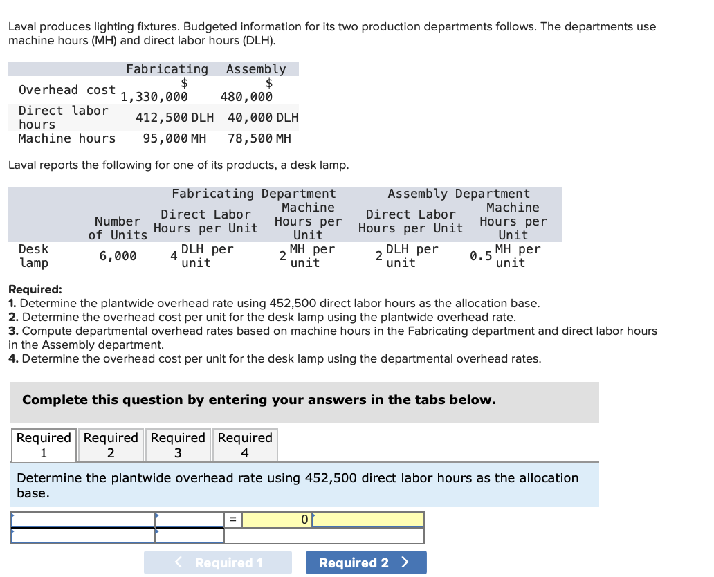 Laval produces lighting fixtures. Budgeted information for its two production departments follows. The departments use
machine hours (MH) and direct labor hours (DLH).
Fabricating
Assembly
%$4
480,000
2$
Overhead cost
1,330,000
Direct labor
hours
Machine hours
412,500 DLH 40,000 DLH
95,000 MH
78,500 MH
Laval reports the following for one of its products, a desk lamp.
Fabricating Department
Machine
Hours per
Unit
Мн рer
unit
Assembly Department
Direct Labor
Hours per Unit
Machine
Hours per
Unit
Direct Labor
Number
Hours per Unit
of Units
DLH per
DLH per
2
unit
Мн рer
0.5
unit
Desk
6,000
lamp
unit
Required:
1. Determine the plantwide overhead rate using 452,500 direct labor hours as the allocation base.
2. Determine the overhead cost per unit for the desk lamp using the plantwide overhead rate.
3. Compute departmental overhead rates based on machine hours in the Fabricating department and direct labor hours
in the Assembly department.
4. Determine the overhead cost per unit for the desk lamp using the departmental overhead rates.
Complete this question by entering your answers in the tabs below.
Required Required Required Required
1
2
3
4
Determine the plantwide overhead rate using 452,500 direct labor hours as the allocation
base.
< Required 1
Required 2 >
