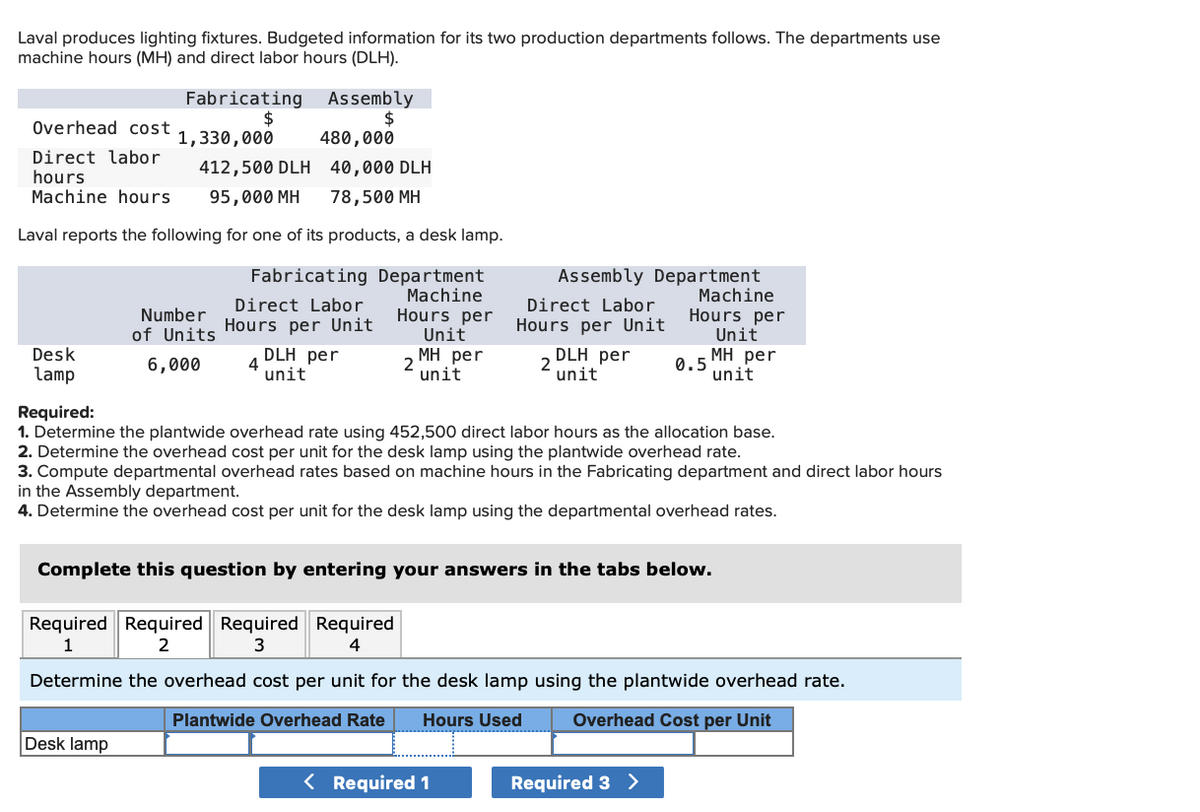 Laval produces lighting fixtures. Budgeted information for its two production departments follows. The departments use
machine hours (MH) and direct labor hours (DLH).
Fabricating
$
1,330,000
Assembly
$
480,000
Overhead cost
Direct labor
hours
Machine hours
412,500 DLH 40,000 DLH
95,000 MH
78,500 MH
Laval reports the following for one of its products, a desk lamp.
Fabricating Department
Assembly Department
Machine
Hours per
Unit
Machine
Hours per
Unit
Direct Labor
Direct Labor
Number
Hours per Unit
Hours per Unit
of Units
Desk
lamp
DLH per
4
unit
Мн рer
2
unit
DLH per
2
unit
Мн рer
0.5
unit
6,000
Required:
1. Determine the plantwide overhead rate using 452,500 direct labor hours as the allocation base.
2. Determine the overhead cost per unit for the desk lamp using the plantwide overhead rate.
3. Compute departmental overhead rates based on machine hours in the Fabricating department and direct labor hours
in the Assembly department.
4. Determine the overhead cost per unit for the desk lamp using the departmental overhead rates.
Complete this question by entering your answers in the tabs below.
Required Required Required Required
2
4
Determine the overhead cost per unit for the desk lamp using the plantwide overhead rate.
Plantwide Overhead Rate
Hours Used
Overhead Cost per Unit
Desk lamp
< Required 1
Required 3 >
