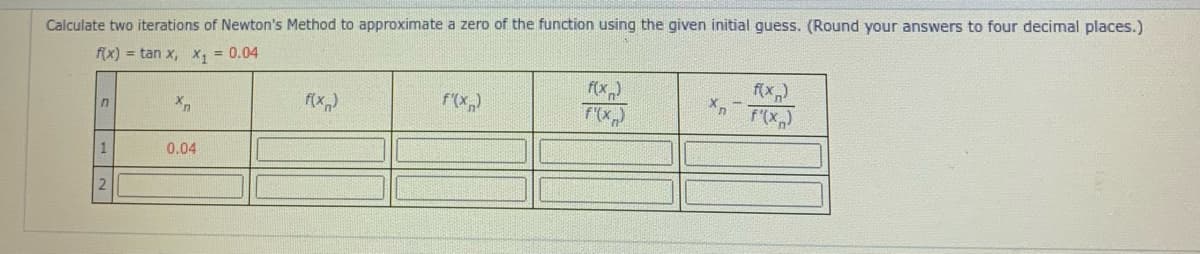 Calculate two iterations of Newton's Method to approximate a zero of the function using the given initial guess. (Round your answers to four decimal places.)
f(x) = tan x, x, = 0.04
F(x)
F'(x,)
1
0.04
2.
