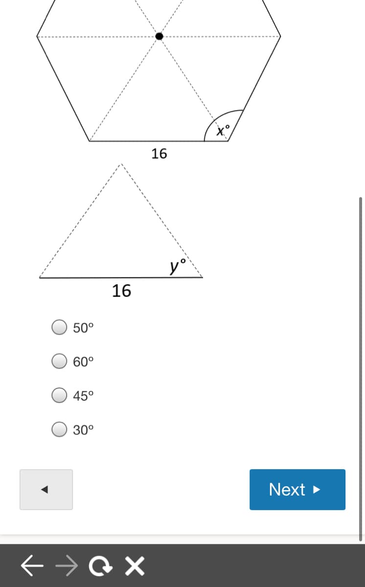 16
y°
16
50°
60°
45°
30°
Next
