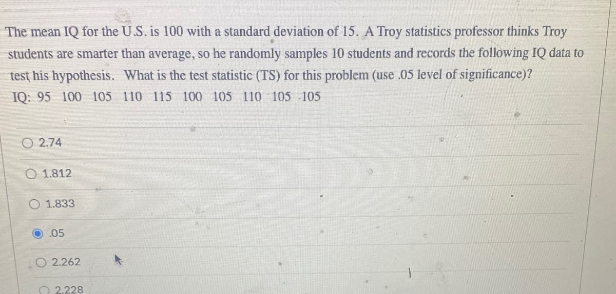 The mean IQ for the U.S. is 100 with a standard deviation of 15. A Troy statistics professor thinks Troy
students are smarter than average, so he randomly samples 10 students and records the following IQ data to
test his hypothesis. What is the test statistic (TS) for this problem (use .05 level of significance)?
IQ: 95 100 105 110 115 100 105 110 105 105
2.74
1.812
O 1.833
.05
2.262
2.228
et