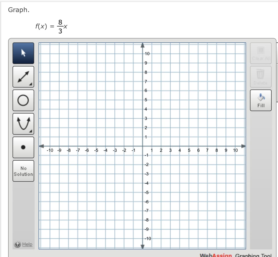 Graph.
f(x) =
= -x
3
10
8
7
Delete
Fill
4
2
-10 -9 -8
-7
-6
-5
-4
-3 -2
-1
1
2
3
4
7
9
10
-1
-2
No
Solution
-3
-4
-5
-6
-7
-8
-9
-10
2 Help
WebAssian Graphing Tool
