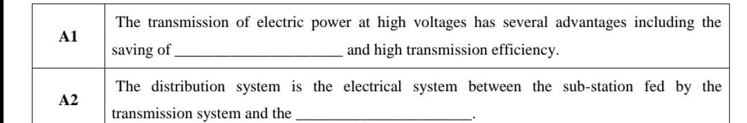 The transmission of electric power at high voltages has several advantages including the
A1
saving of.
and high transmission efficiency.
The distribution system is the electrical system between the sub-station fed by the
A2
transmission system and the
