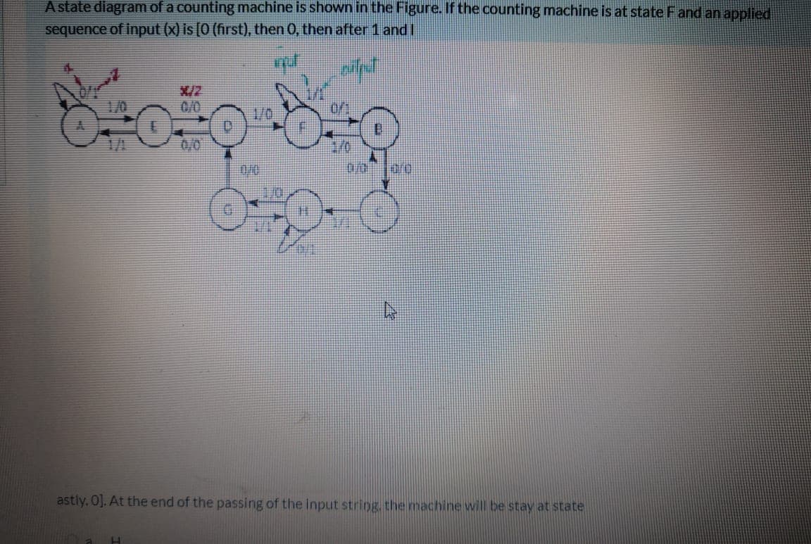 Astate diagram of a counting machine is shown in the Figure.If the counting machine is at state Fand an applied
sequence of input (x) is [0 (first), then 0, then after 1 and I
X/2
0/0
1/0
1/0
1/1
0/0
astly. O]. At the end of the passing of the input string. the machine will be stay at state
