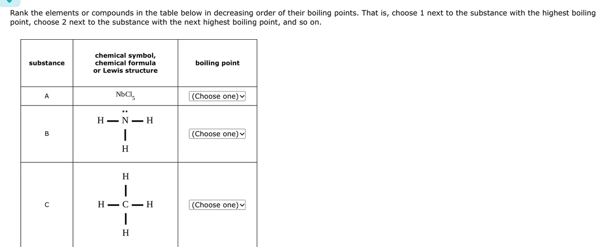 Rank the elements or compounds in the table below in decreasing order of their boiling points. That is, choose 1 next to the substance with the highest boiling
point, choose 2 next to the substance with the next highest boiling point, and so on.
substance
A
B
chemical symbol,
chemical formula
or Lewis structure
NbCl
H-N-H
I
H
H
H-C- H
I
H
boiling point
(Choose one) ✓
(Choose one) v
(Choose one) ✓