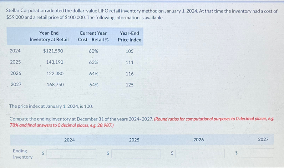 Stellar Corporation adopted the dollar-value LIFO retail inventory method on January 1, 2024. At that time the inventory had a cost of
$59,000 and a retail price of $100,000. The following information is available.
Year-End
Inventory at Retail
Current Year
Year-End
Cost-Retail%
Price Index
2024
$121,590
60%
105
2025
143,190
63%
111
2026
122,380
64%
116
2027
168,750
64%
125
The price index at January 1, 2024, is 100.
Compute the ending inventory at December 31 of the years 2024-2027. (Round ratios for computational purposes to O decimal places, e.g.
78% and final answers to O decimal places, e.g. 28,987.)
2024
Ending
inventory
$
$
2025
$
2026
$
2027