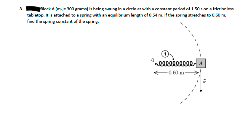 Block A (ma = 300 grams) is being swung in a circle at with a constant period of 1.50 s on a frictionless
tabletop. It is attached to a spring with an equilibrium length of 0.54 m. If the spring stretches to 0.60 m,
find the spring constant of the spring.
ell e A
-0.60 m
3.
