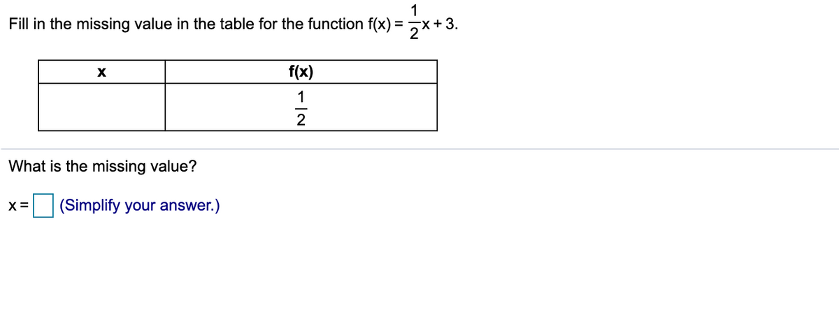 1
Fill in the missing value in the table for the function f(x) = 7x+ 3.
f(x)
1
2
What is the missing value?
X =
(Simplify your answer.)
