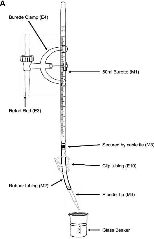 A
Burette Clamp (E4)
50ml Burette (M1)
Retort Rod (E3)
Secured by cable tie (M3)
Clip tubing (E10)
Rubber tubing (M2)
Pipette Tip (M4)
Glass Beaker
e lunluuH
