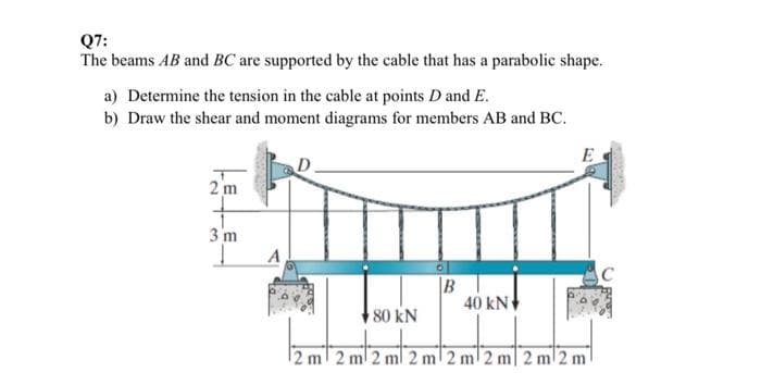 Q7:
The beams AB and BC are supported by the cable that has a parabolic shape.
a) Determine the tension in the cable at points D and E.
b) Draw the shear and moment diagrams for members AB and BC.
E
2 m
3 m
A
C
40 kN
80 kN
m 2 ml 2 ml 2 m 2 ml 2 m| 2 ml2 m
