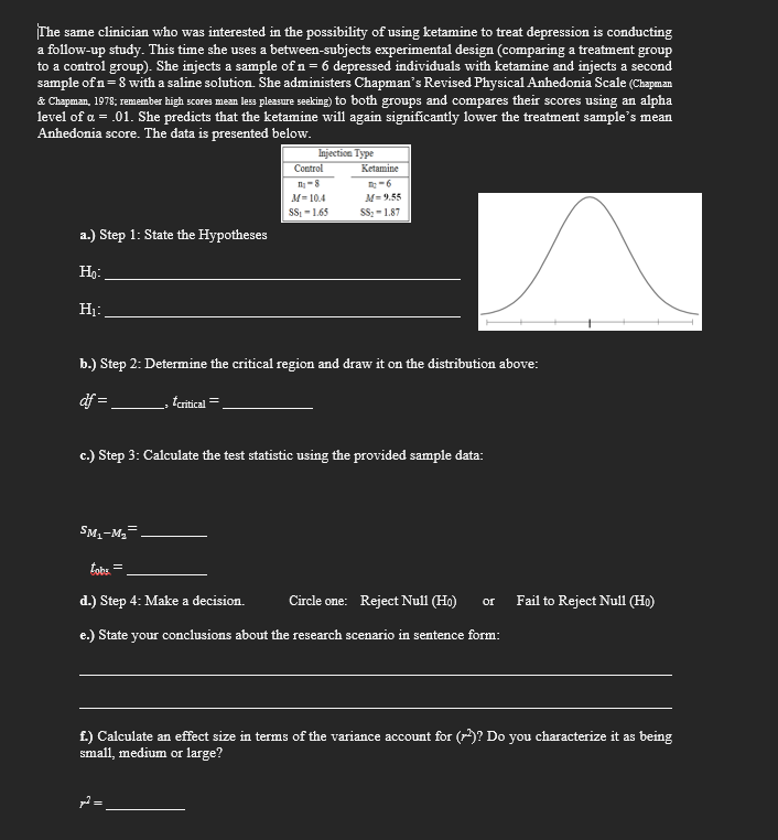 The same clinician who was interested in the possibility of using ketamine to treat depression is conducting
a follow-up study. This time she uses a between-subjects experimental design (comparing a treatment group
to a control group). She injects a sample of n = 6 depressed individuals with ketamine and injects a second
sample of n = 8 with a saline solution. She administers Chapman's Revised Physical Anhedonia Scale (Chapman
& Chapman, 1978; remember high scores mean less pleasure seeking) to both groups and compares their scores using an alpha
level of a = .01. She predicts that the ketamine will again significantly lower the treatment sample's mean
Anhedonia score. The data is presented below.
a.) Step 1: State the Hypotheses
Ho:
H₁:
Injection Type
*critical
SM₁-M₂
Control
1₁-8
M=104
SS₁-1.65
b.) Step 2: Determine the critical region and draw it on the distribution above:
df =
Ketamine
-6
M-9.55
SS₂ -1.87
c.) Step 3: Calculate the test statistic using the provided sample data:
tobs =
d.) Step 4: Make a decision.
e.) State your conclusions about the research scenario in sentence form:
Circle one: Reject Null (Ho) or Fail to Reject Null (Ho)
f.) Calculate an effect size in terms of the variance account for (²2)? Do you characterize it as being
small, medium or large?